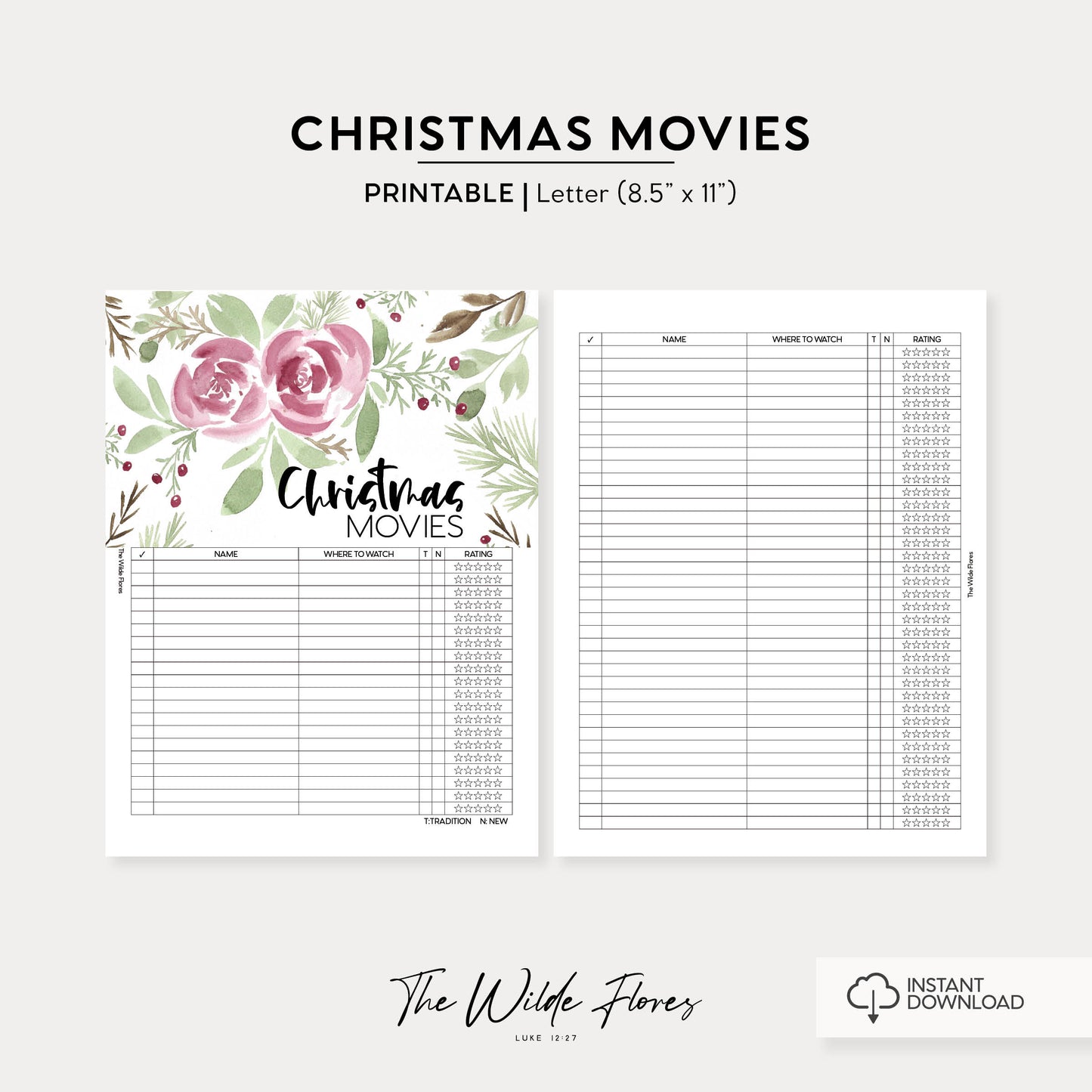 Christmas Movie List: Letter Size Printable
