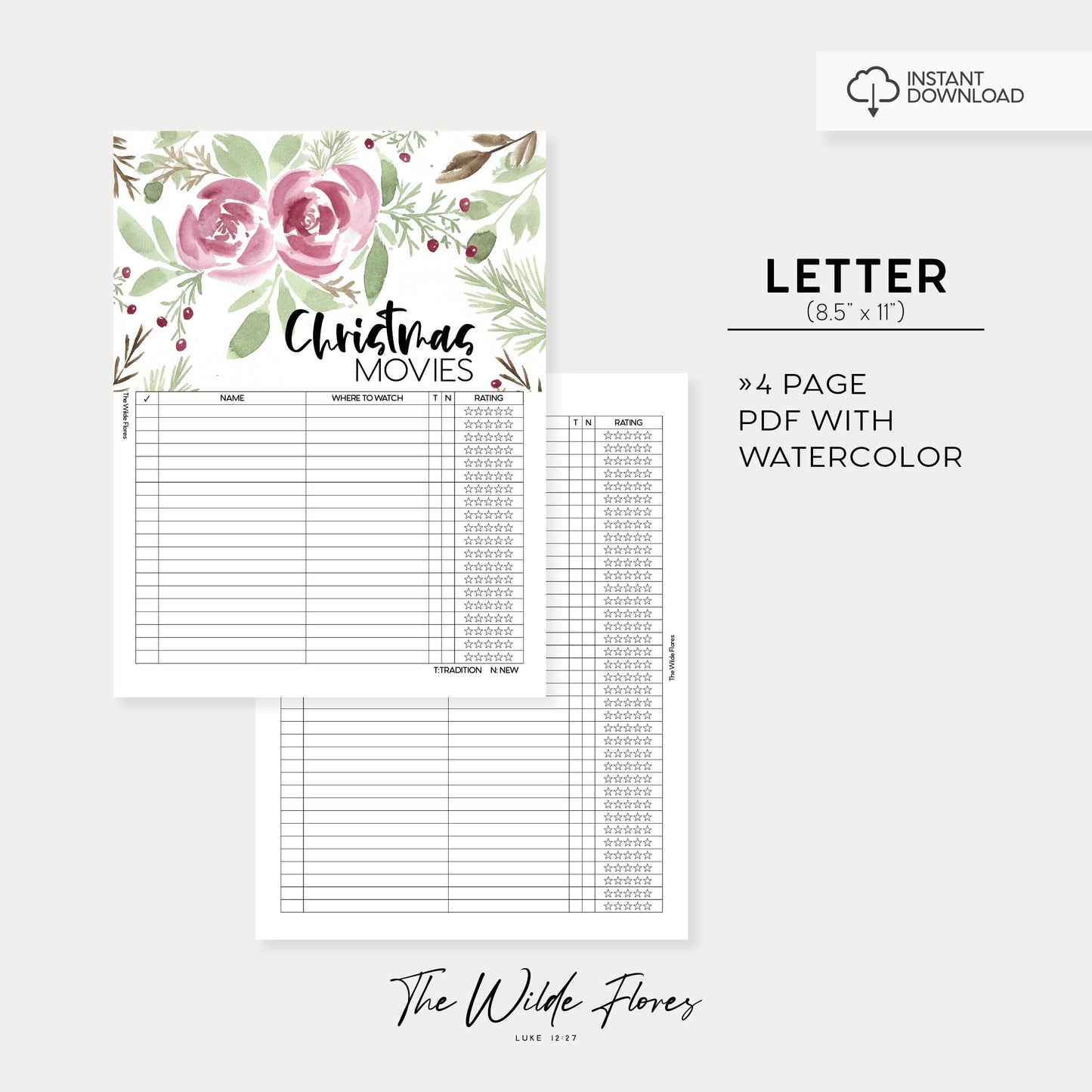 Christmas Movie List: Letter Size Printable