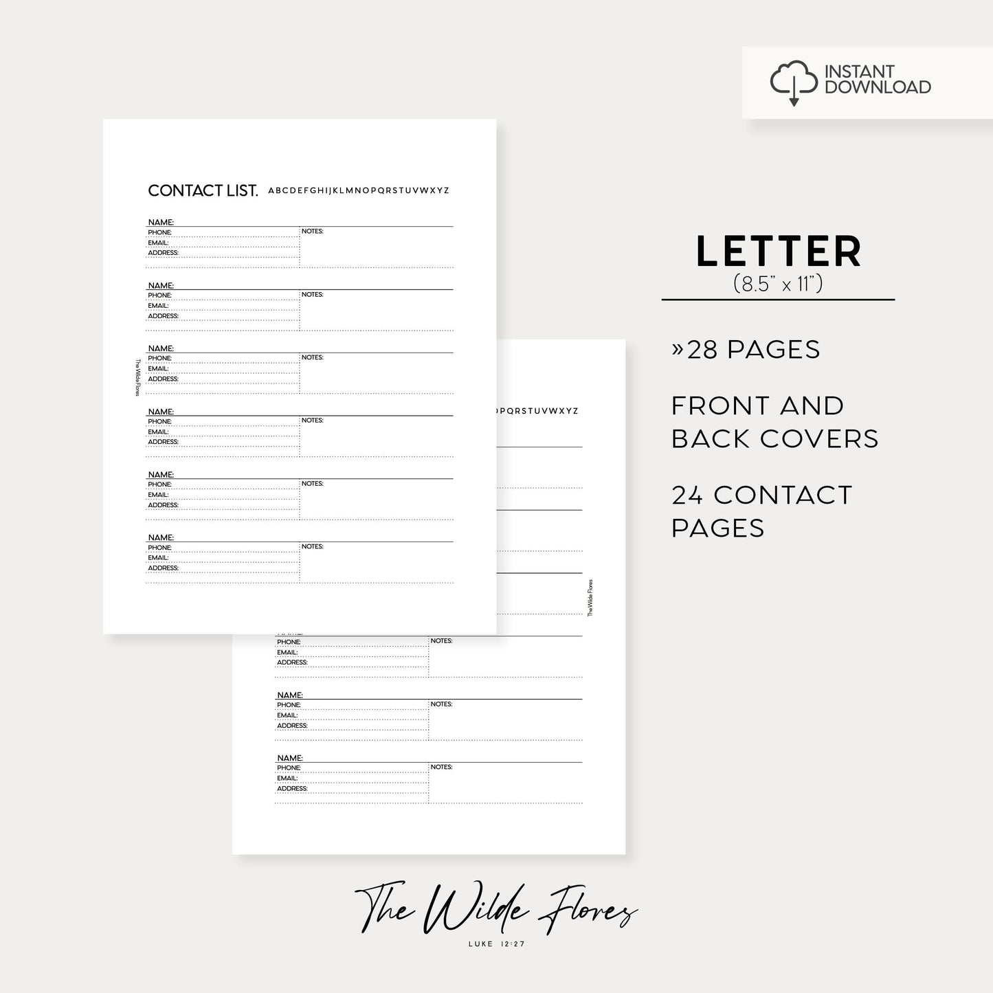 Contacts: Letter Size Printable