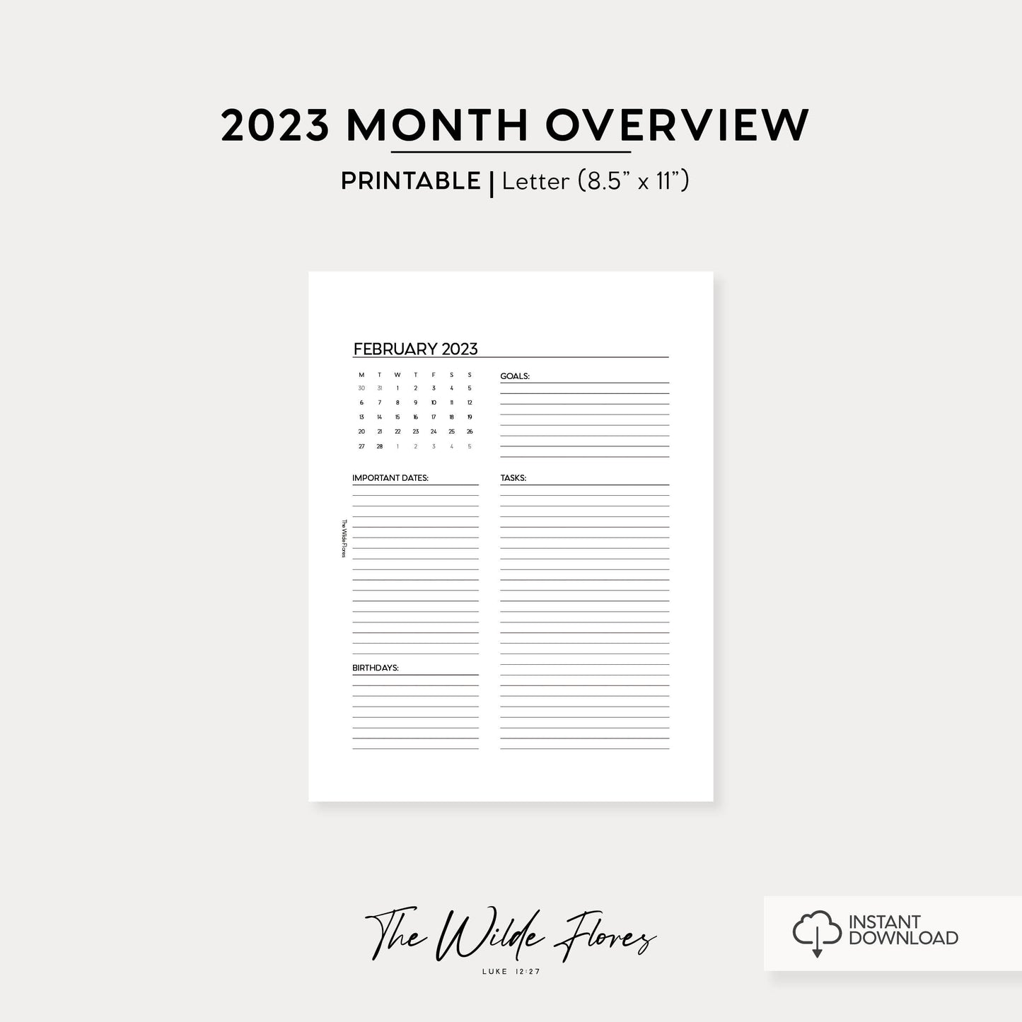 2023 Month Overview: Letter Size Printable