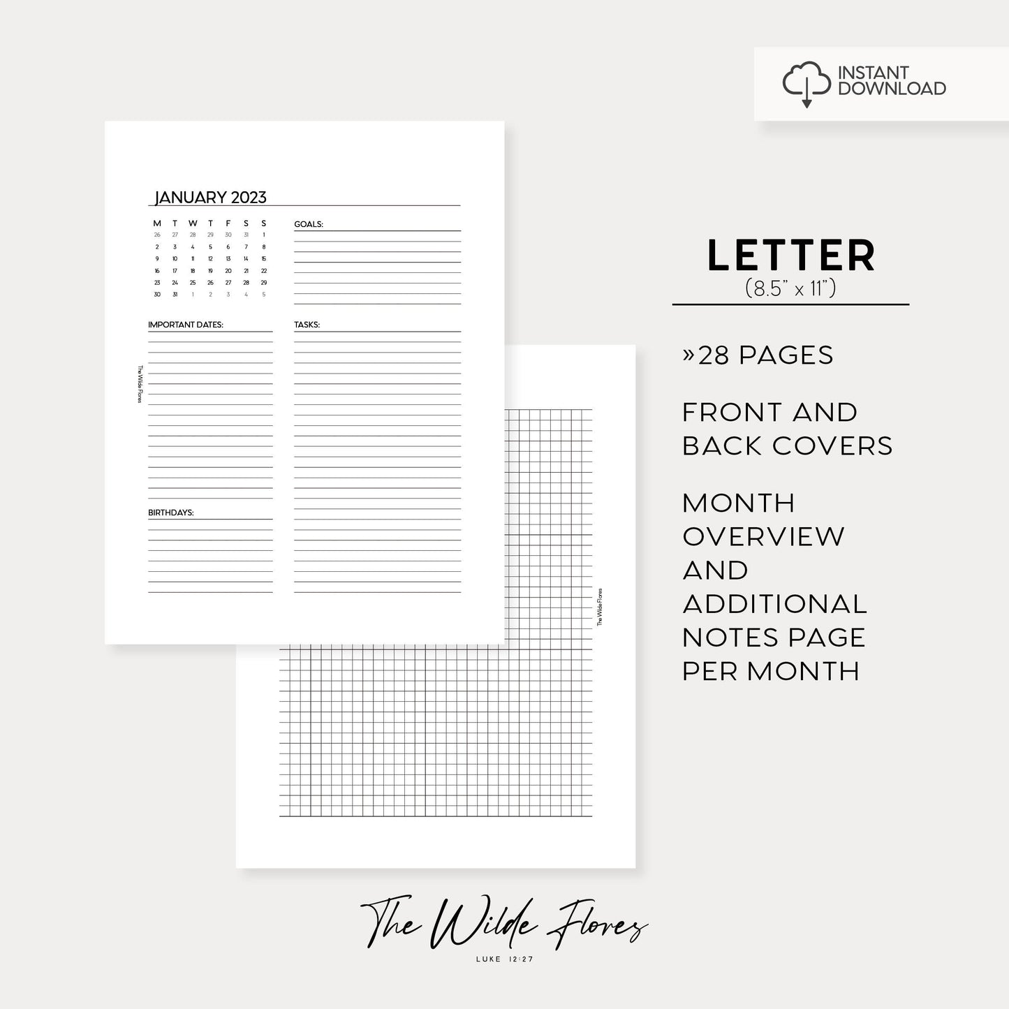 2023 Month Overview: Letter Size Printable