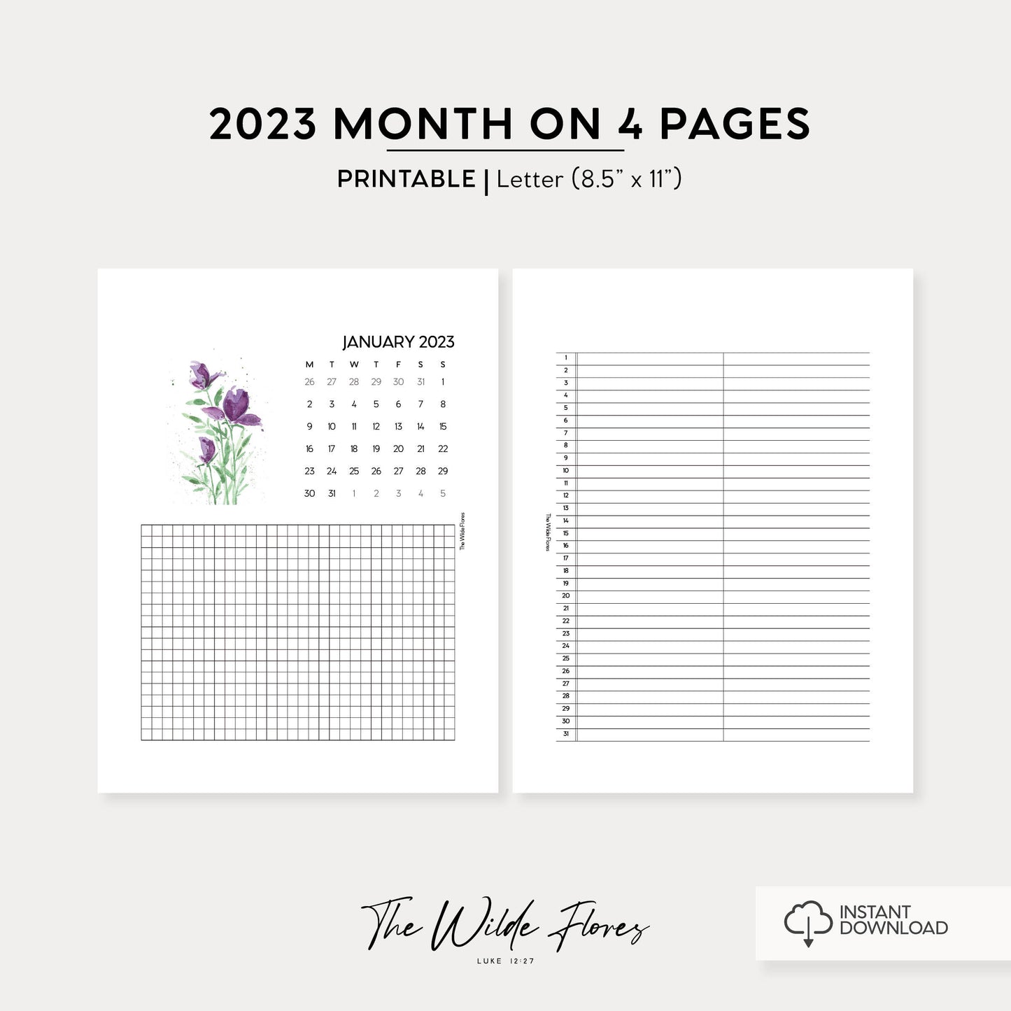 2023 Month On 4 Pages Planner: Letter Size Printable