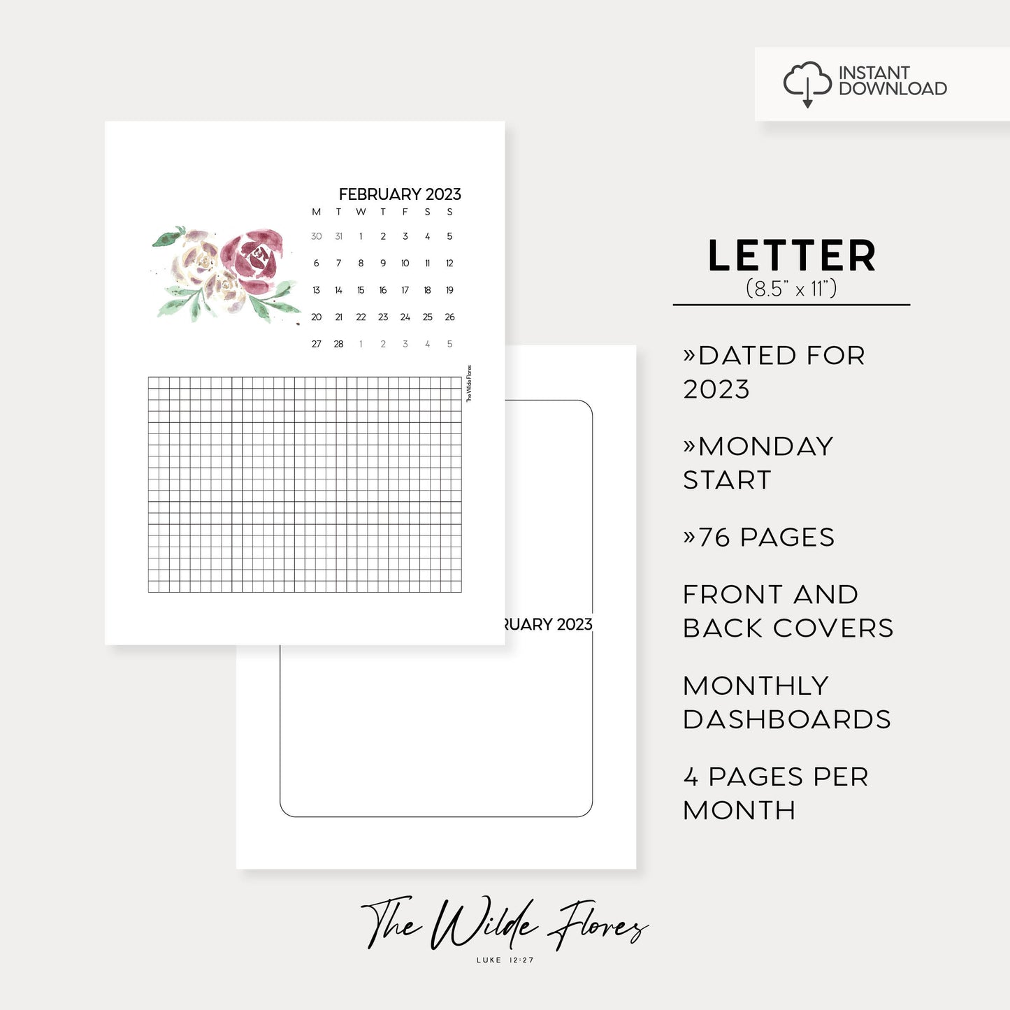 2023 Month On 4 Pages Planner: Letter Size Printable
