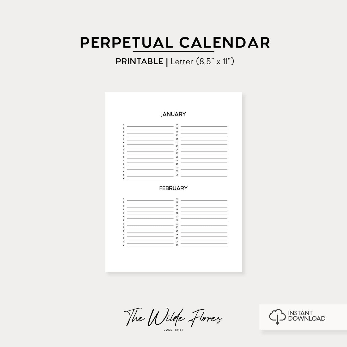 Perpetual Calendar: Letter Size Printable