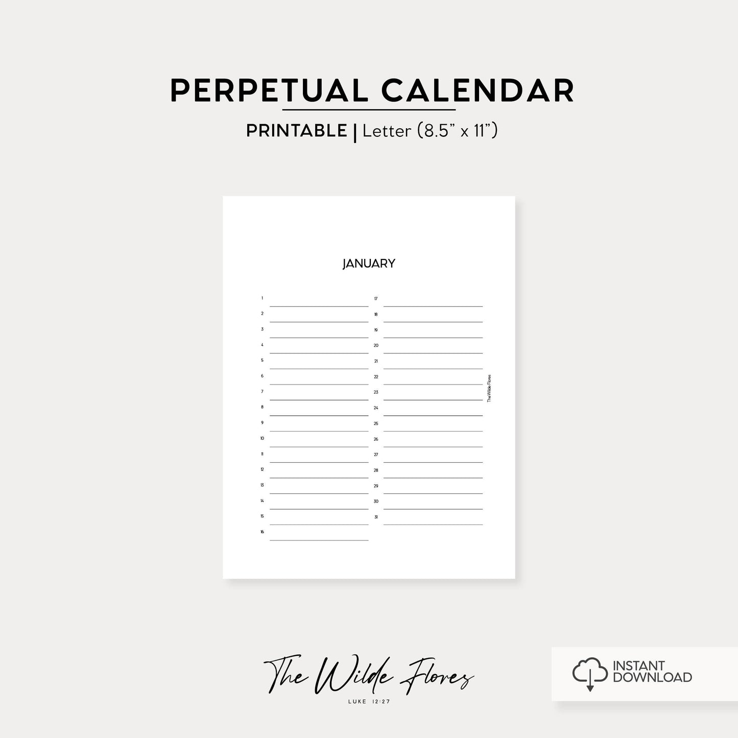 Perpetual Calendar: Letter Size Printable