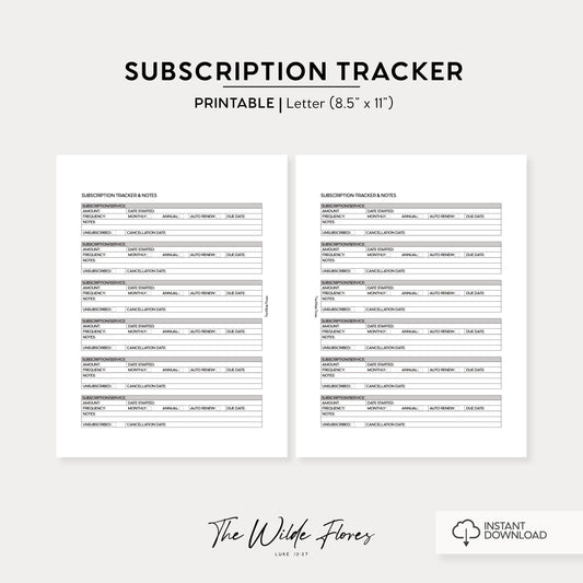 Subscription Tracker: Letter Size Printable
