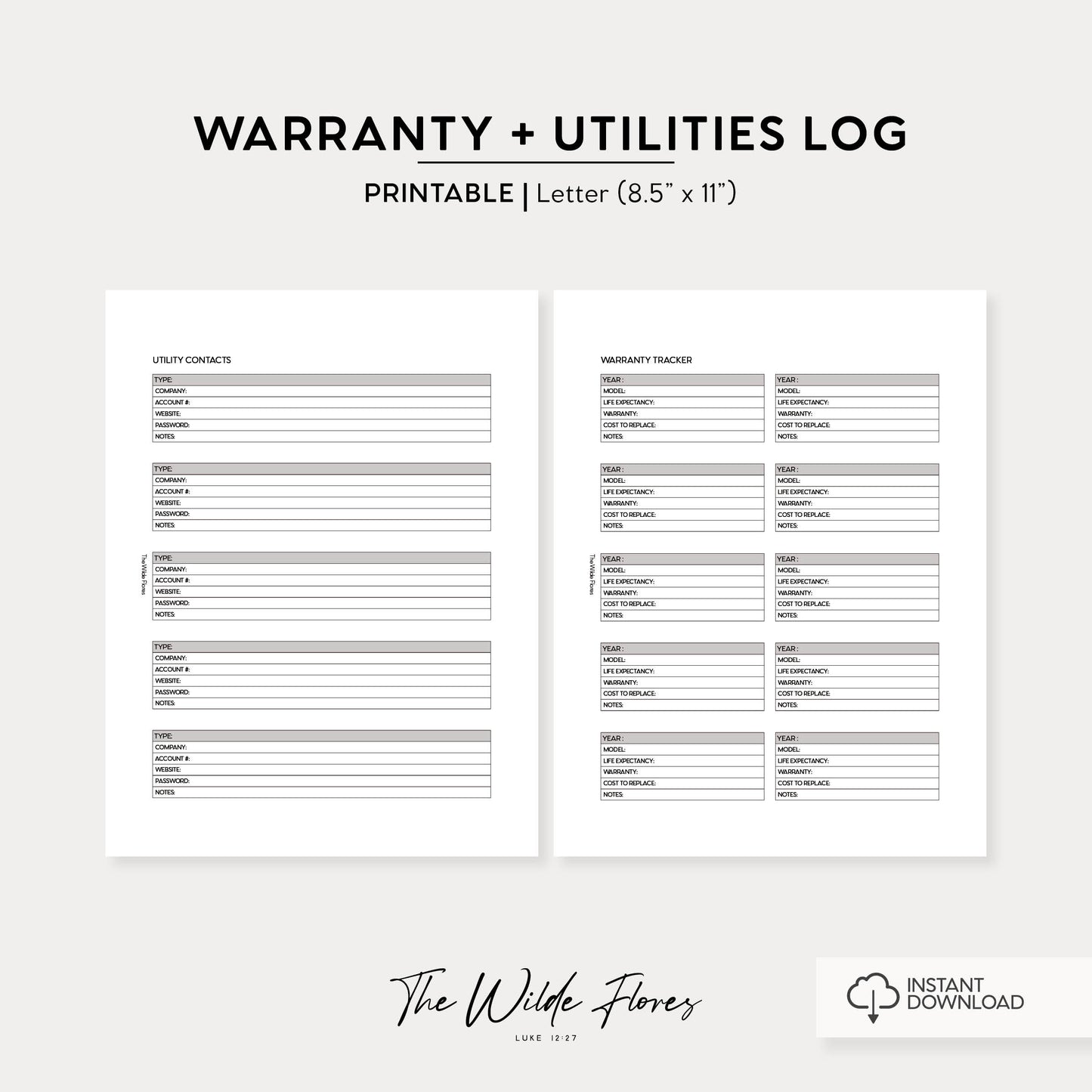 Warranties and Utilities Log: Letter Size Printable