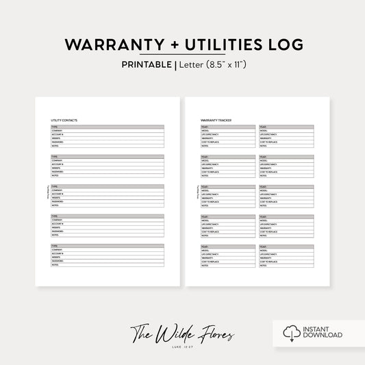Warranties and Utilities Log: Letter Size Printable