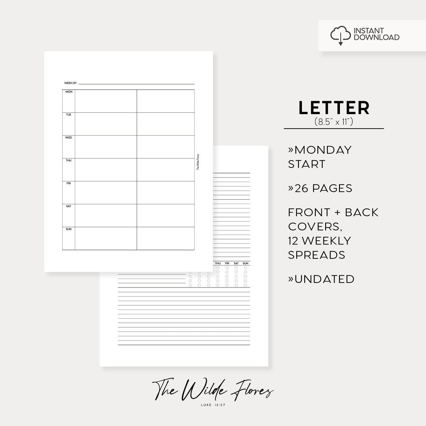 Weekly Wo2P Undated: Letter Size Printable