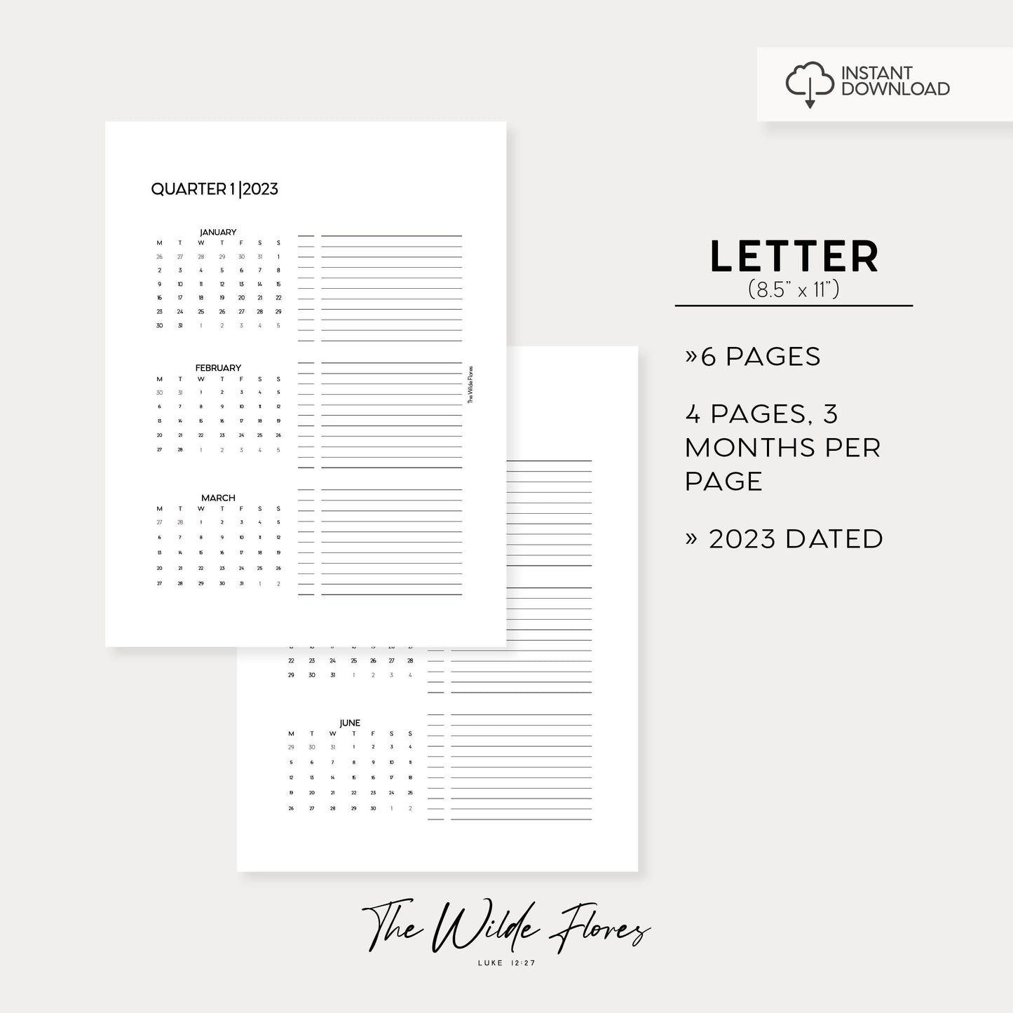 2023 Quarter Overview: Letter Size Printable