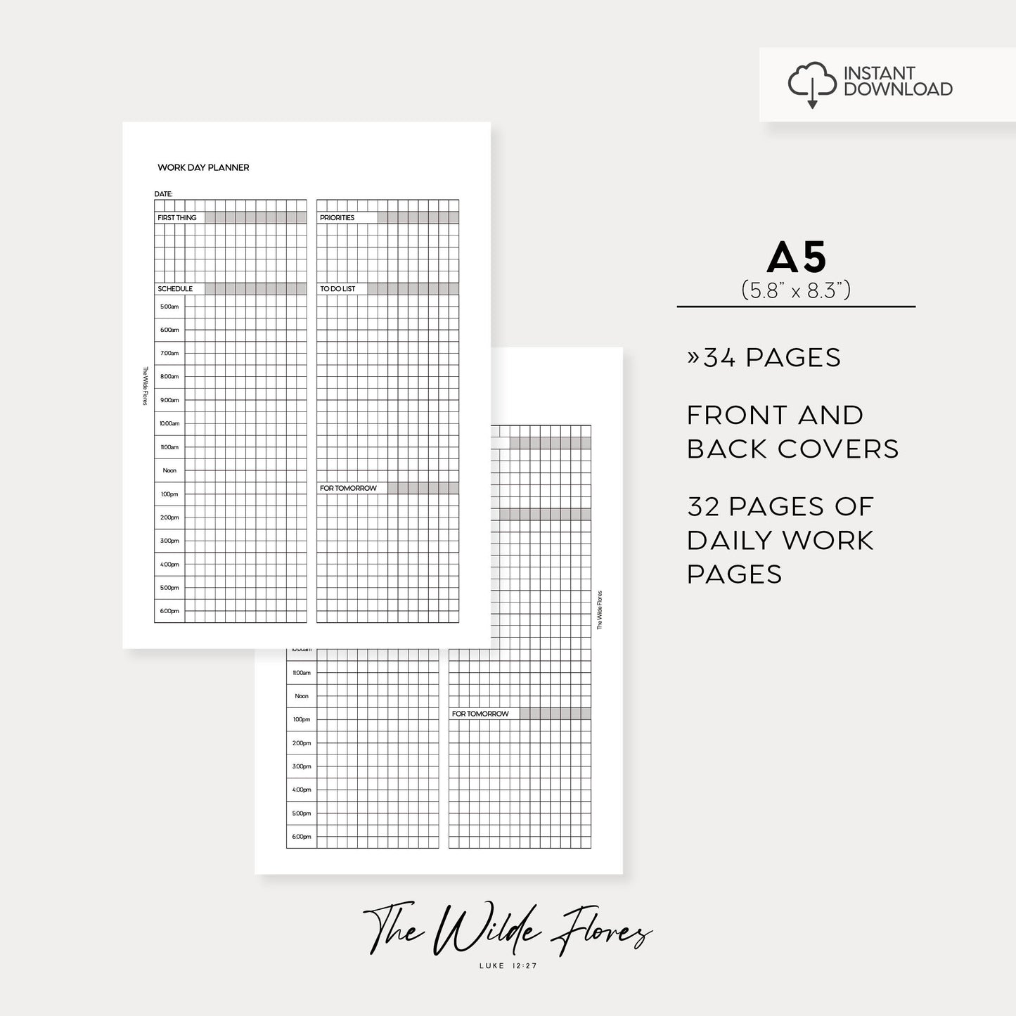Work Day Planner: A5 Size Printable