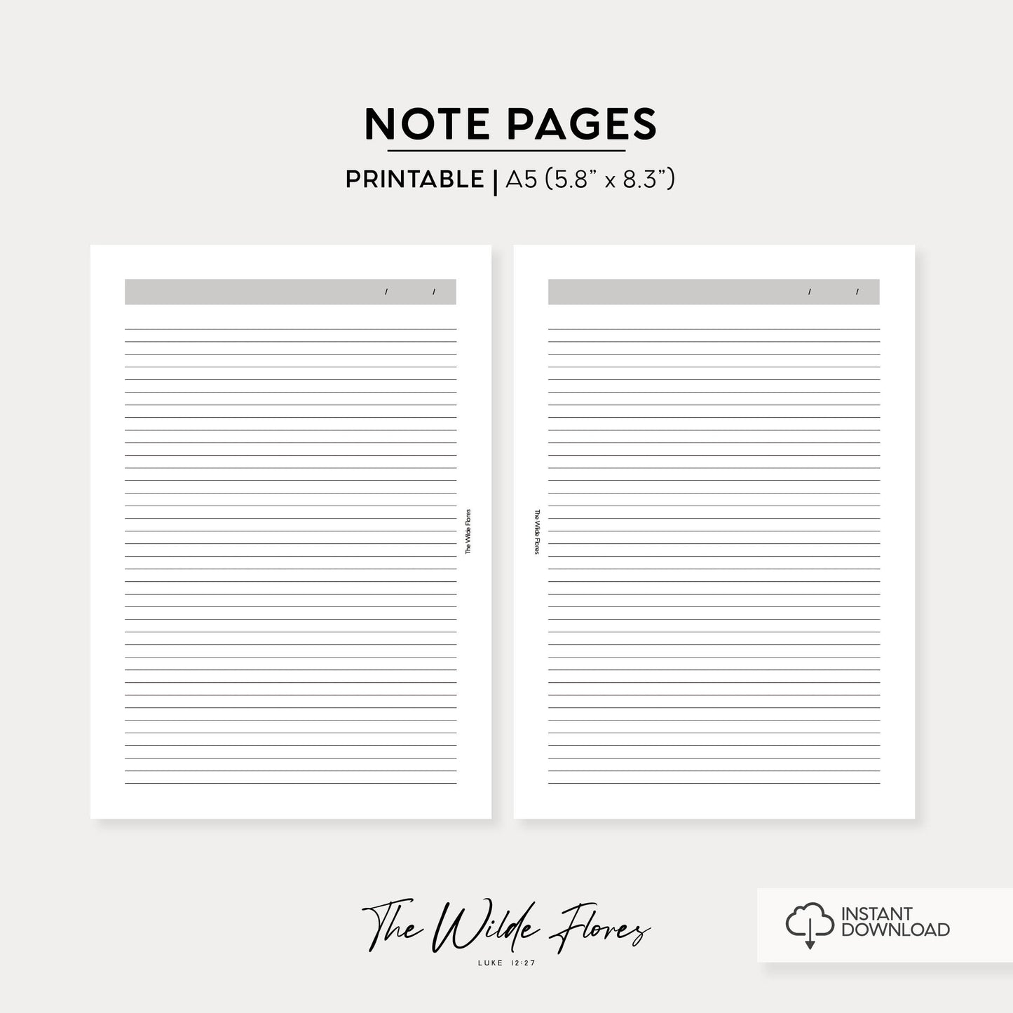 Lined Note Pages: A5 Size Printable