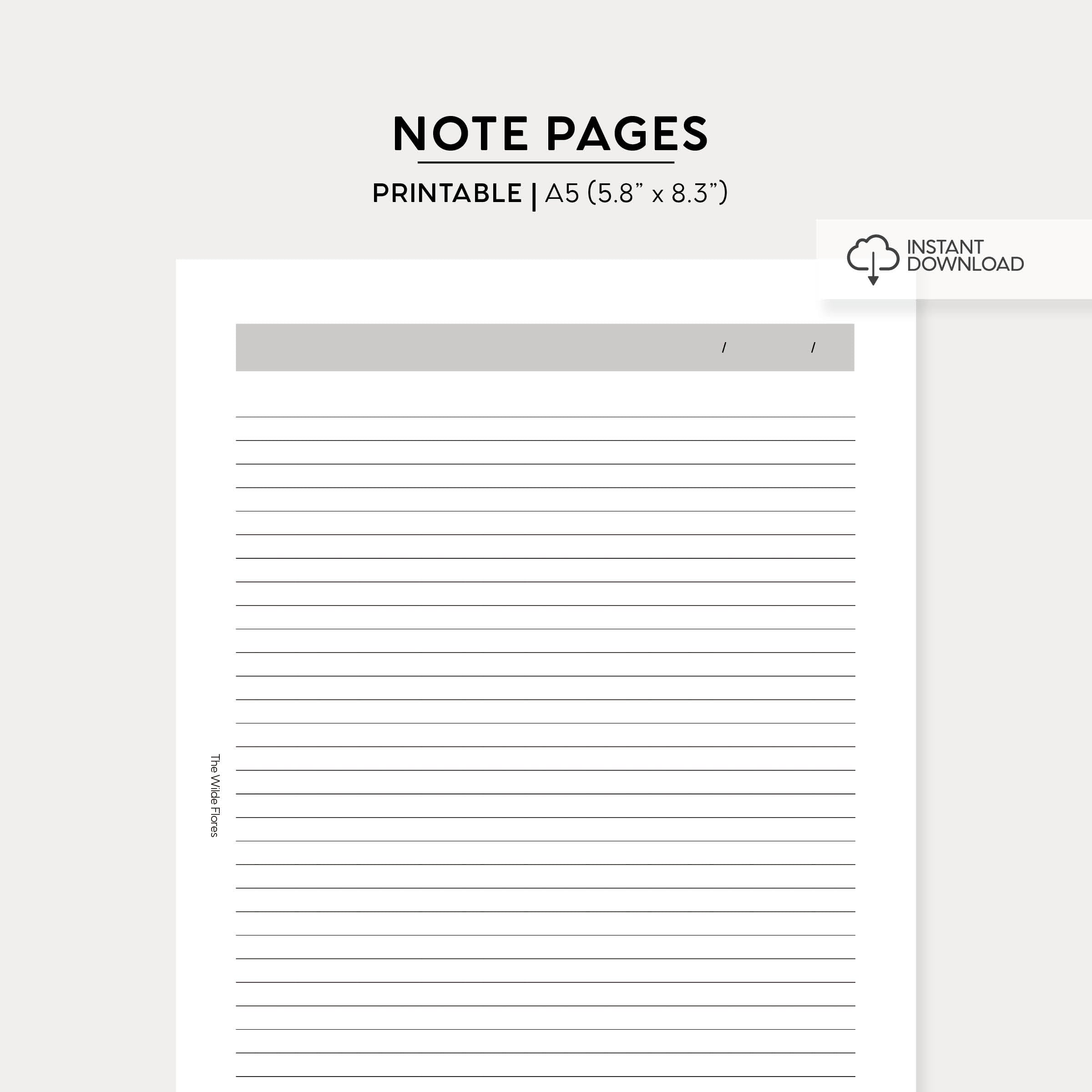 Lined Note Pages: A5 Size Printable – The Wilde Flores