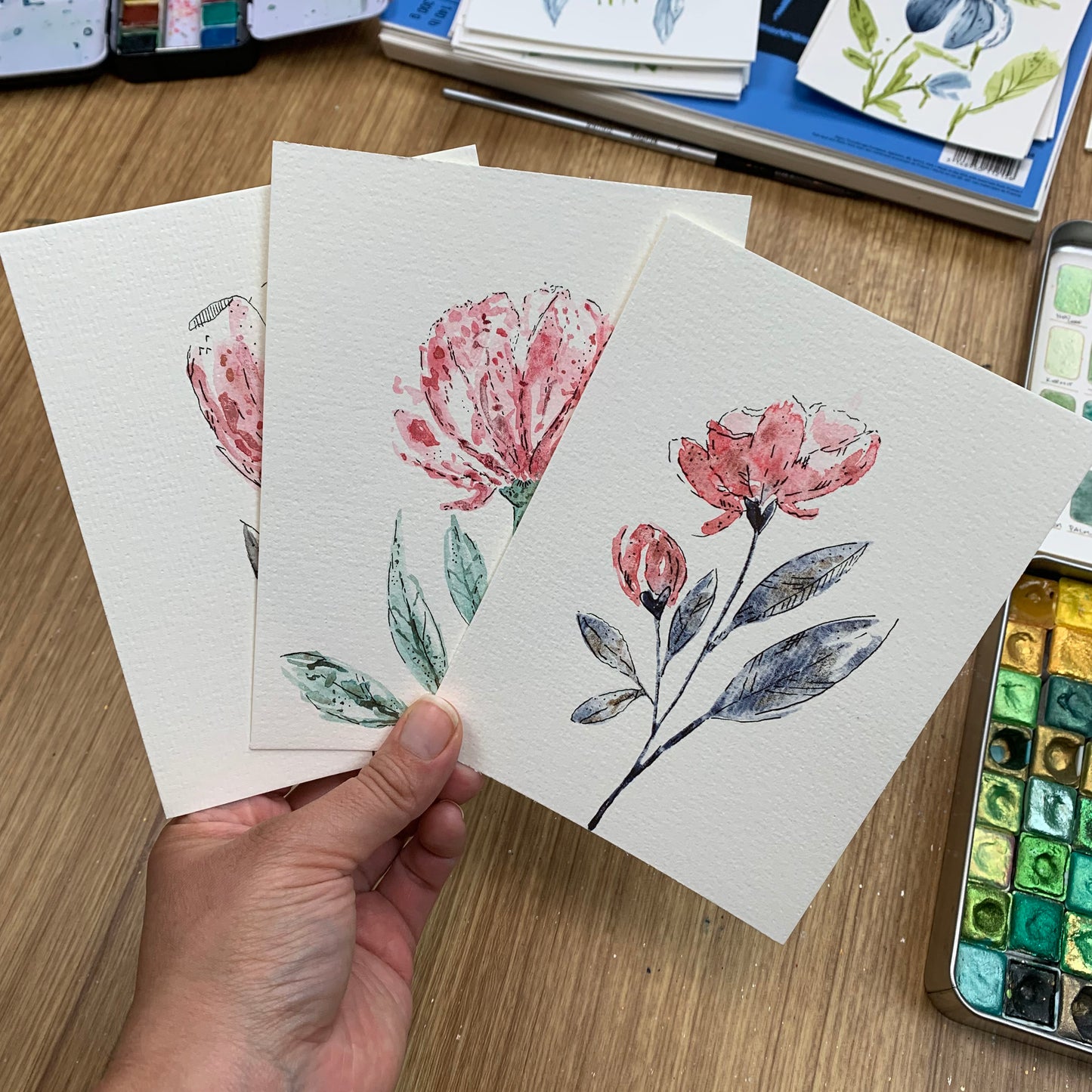 Original Loose Floral Watercolor Cards with Ink Details (Set of 3