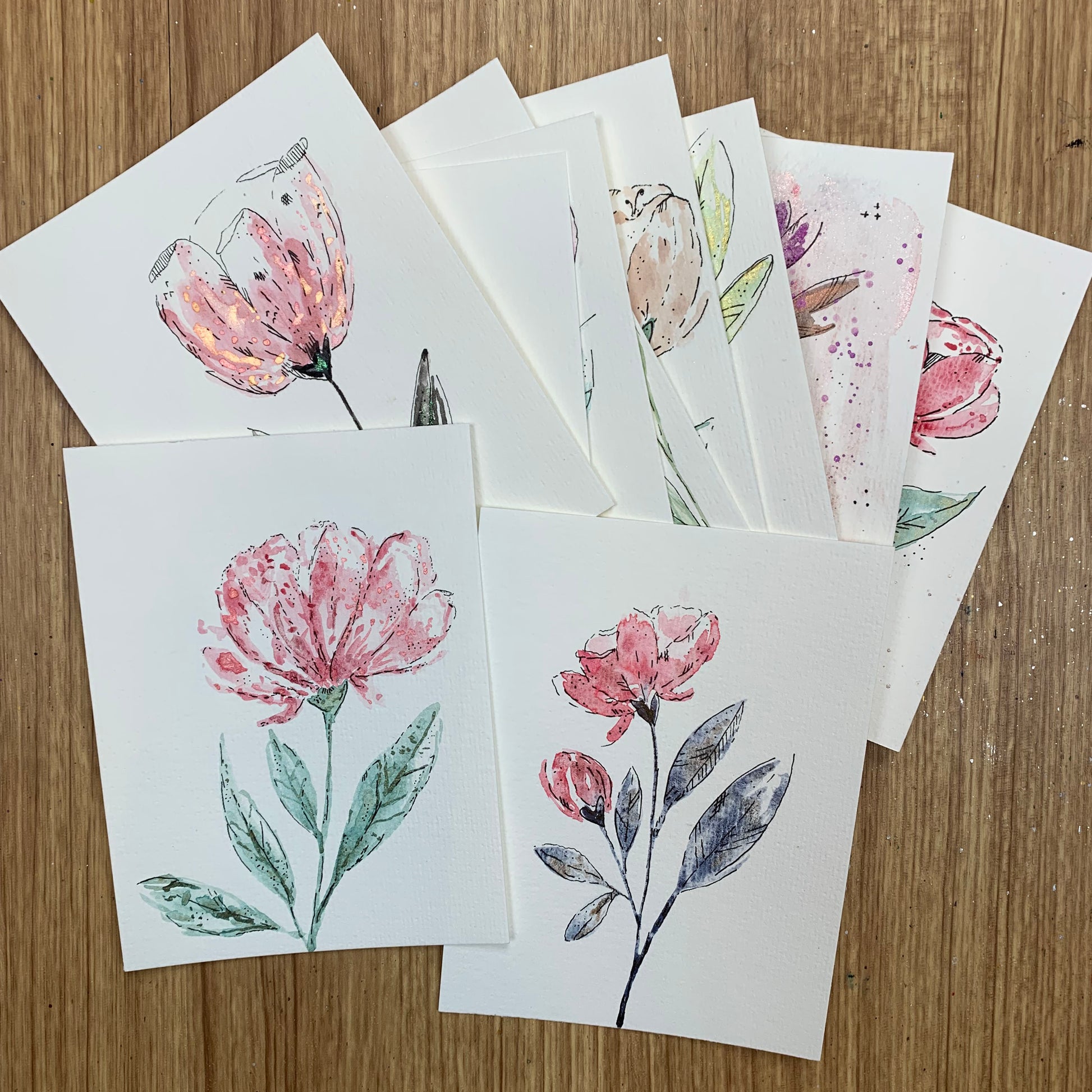 Original Loose Floral Watercolor Cards with Ink Details (Set of 3