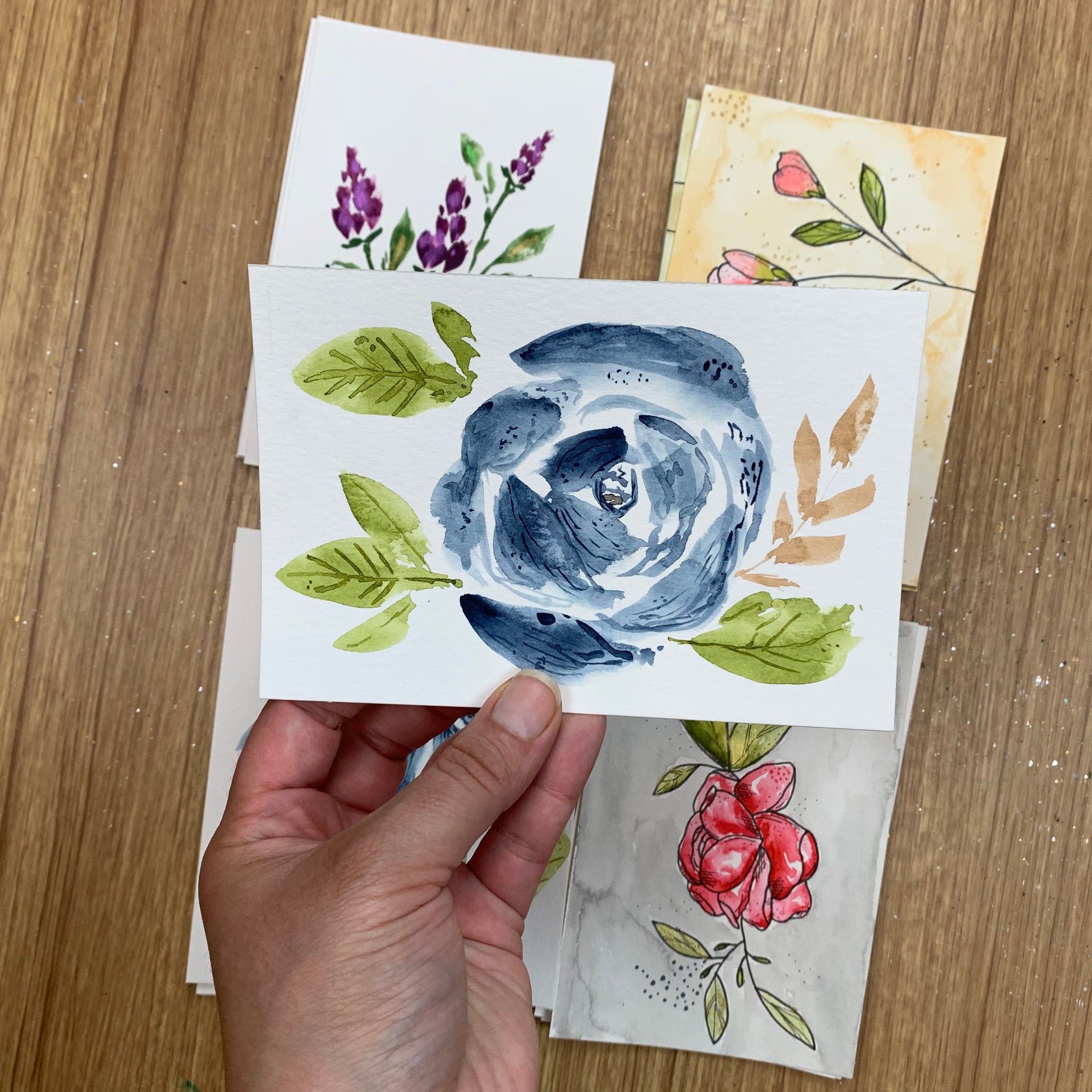 Original Loose Floral Watercolor Cards with Ink Details (Set of 3