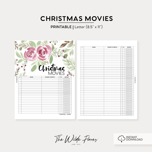 Christmas Movie List: Letter Size Printable