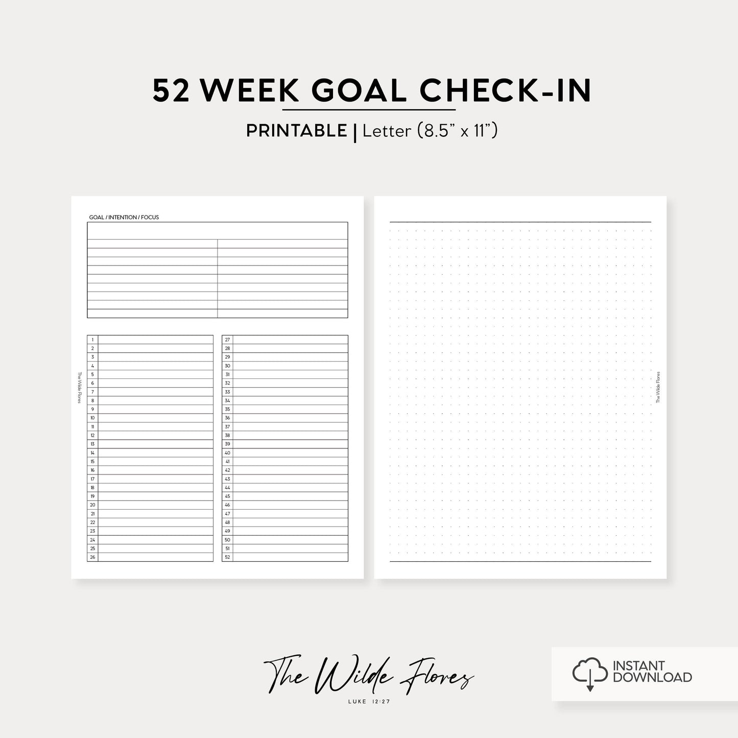 52 Week Goal Check In: Letter Size Printable