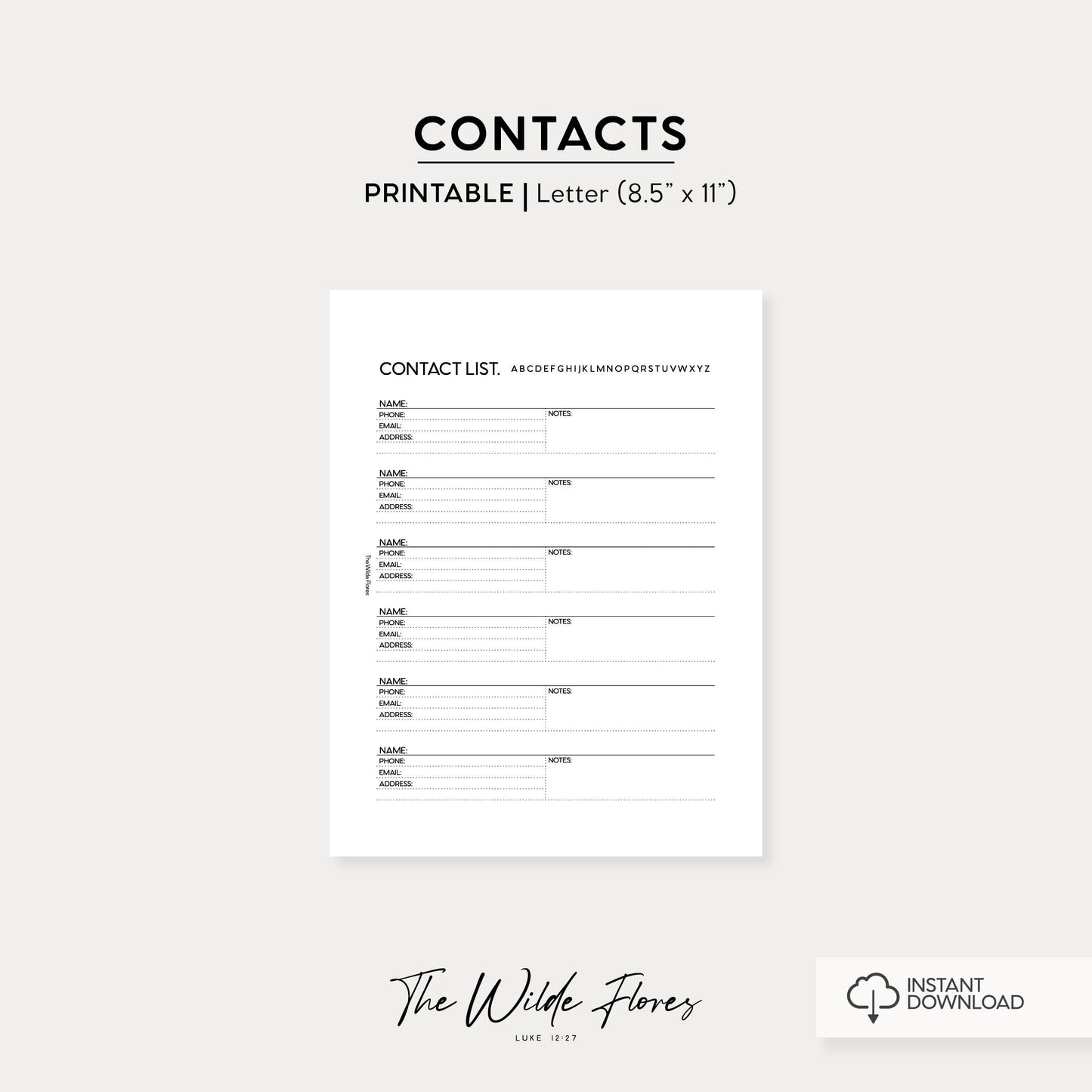 Contacts: Letter Size Printable