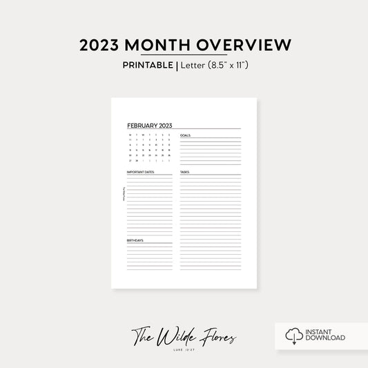 2023 Month Overview: Letter Size Printable