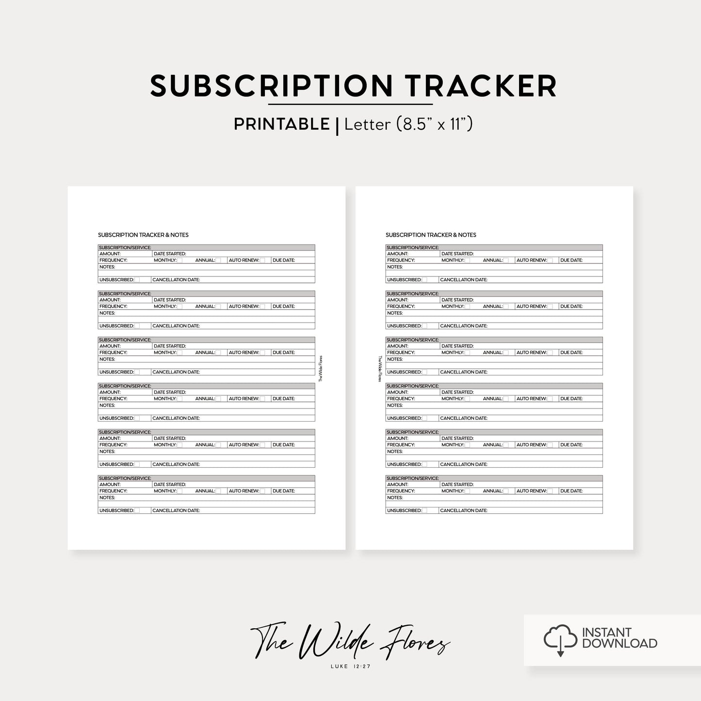 Subscription Tracker: Letter Size Printable