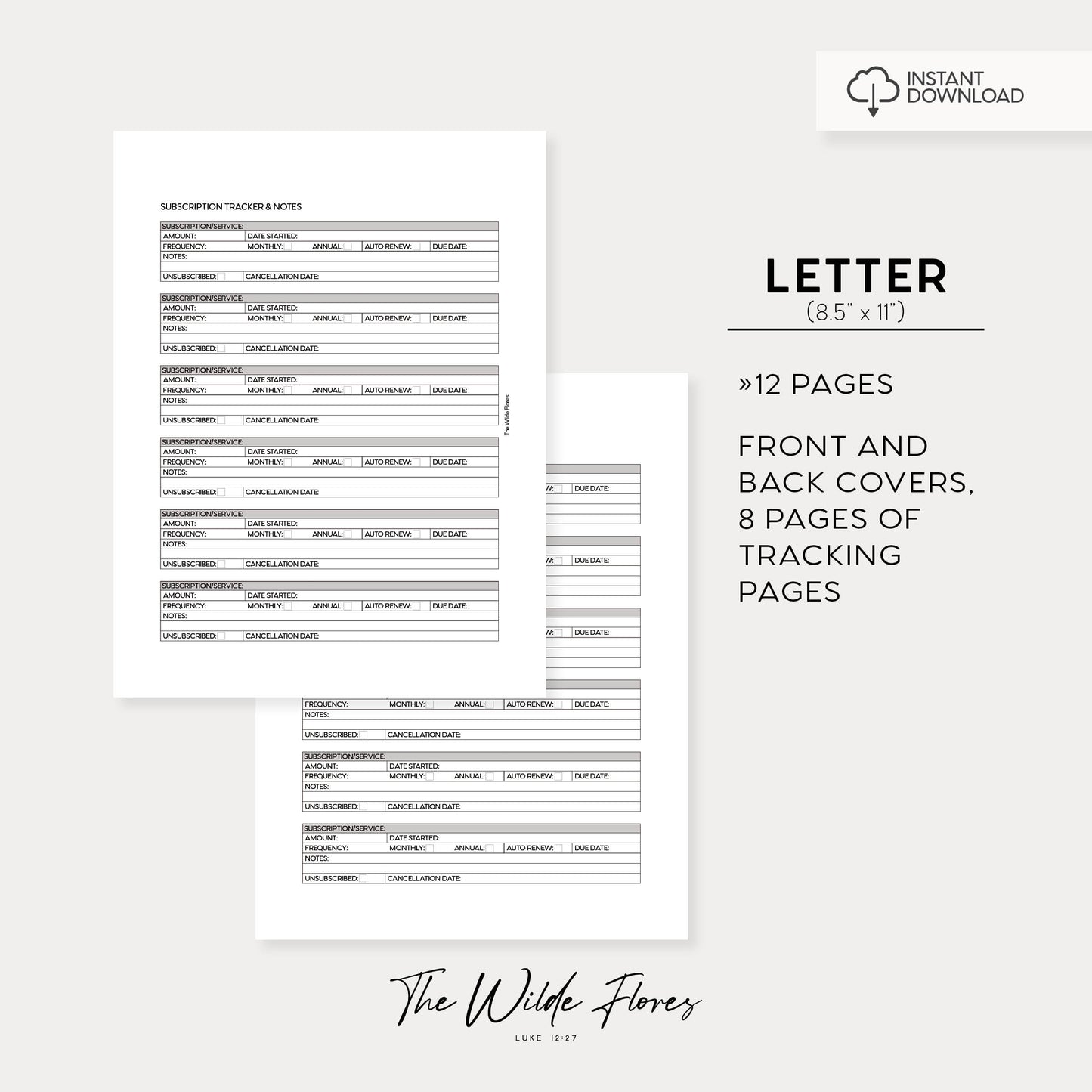 Subscription Tracker: Letter Size Printable