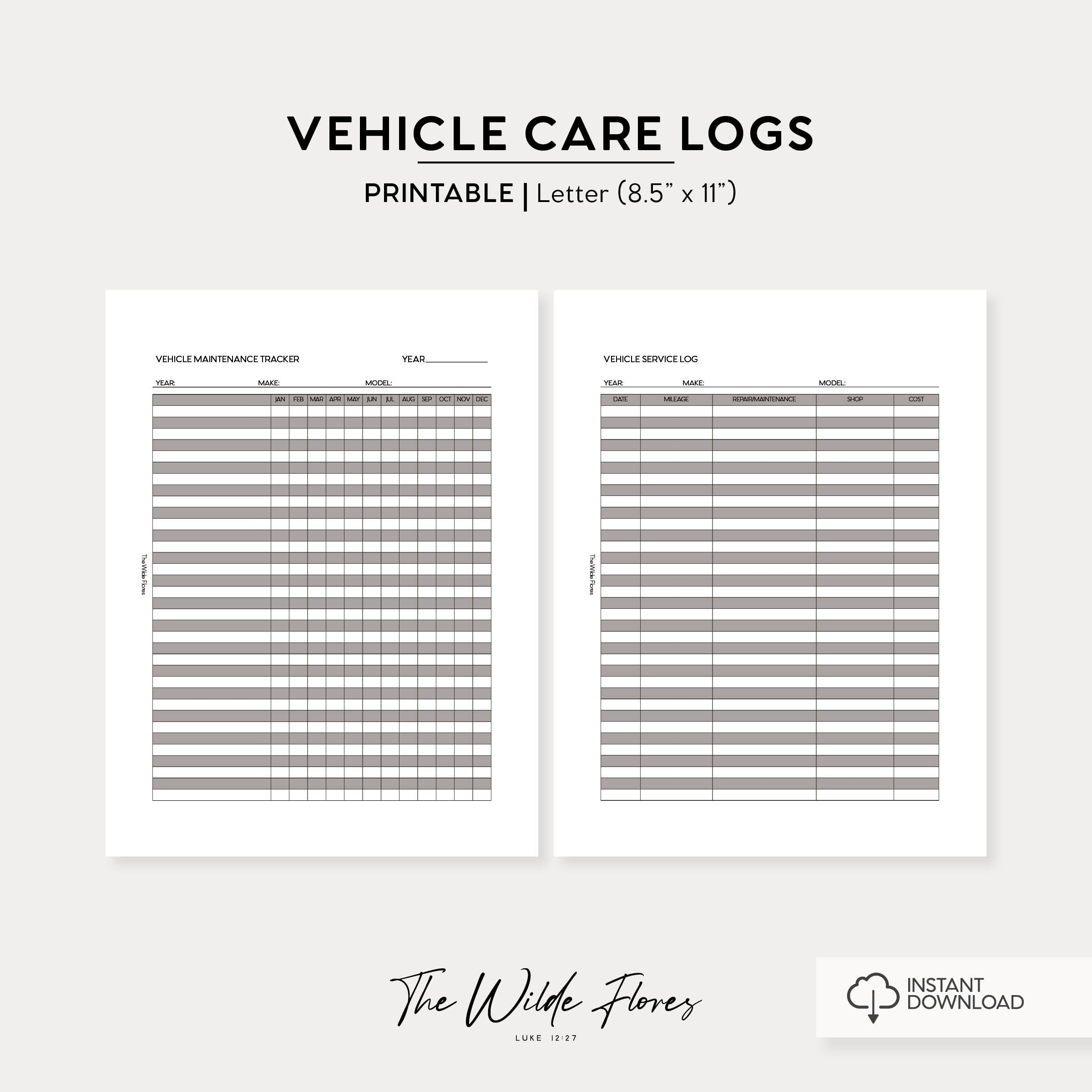 Vehicle Collection Log Vehicle Care Log: Letter Size Printable – The Wilde Flores