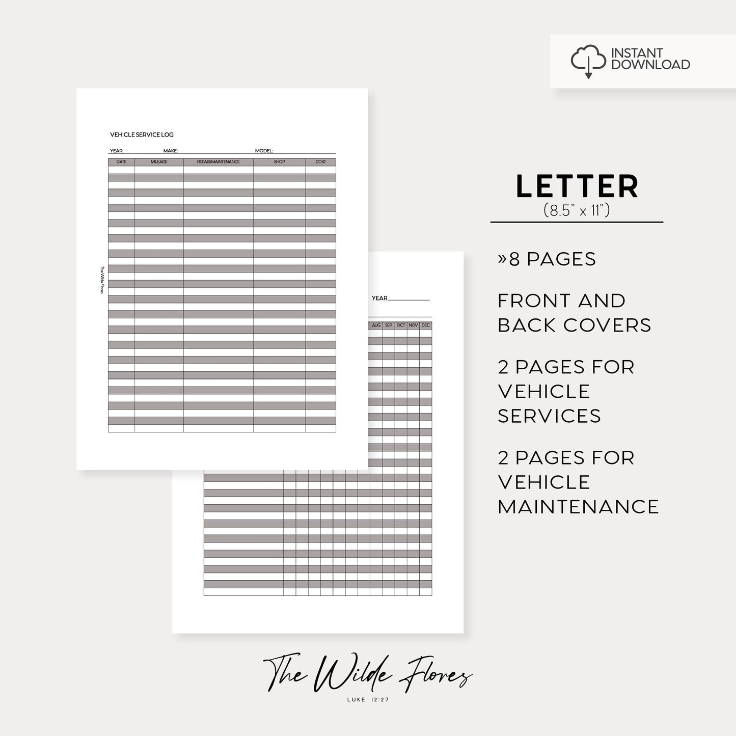 Vehicle Care Log: Letter Size Printable