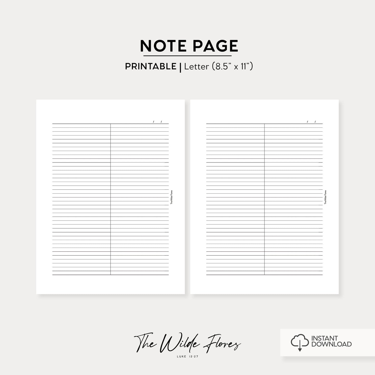 LINED Vertical Half Note Pages: Letter Size Printable