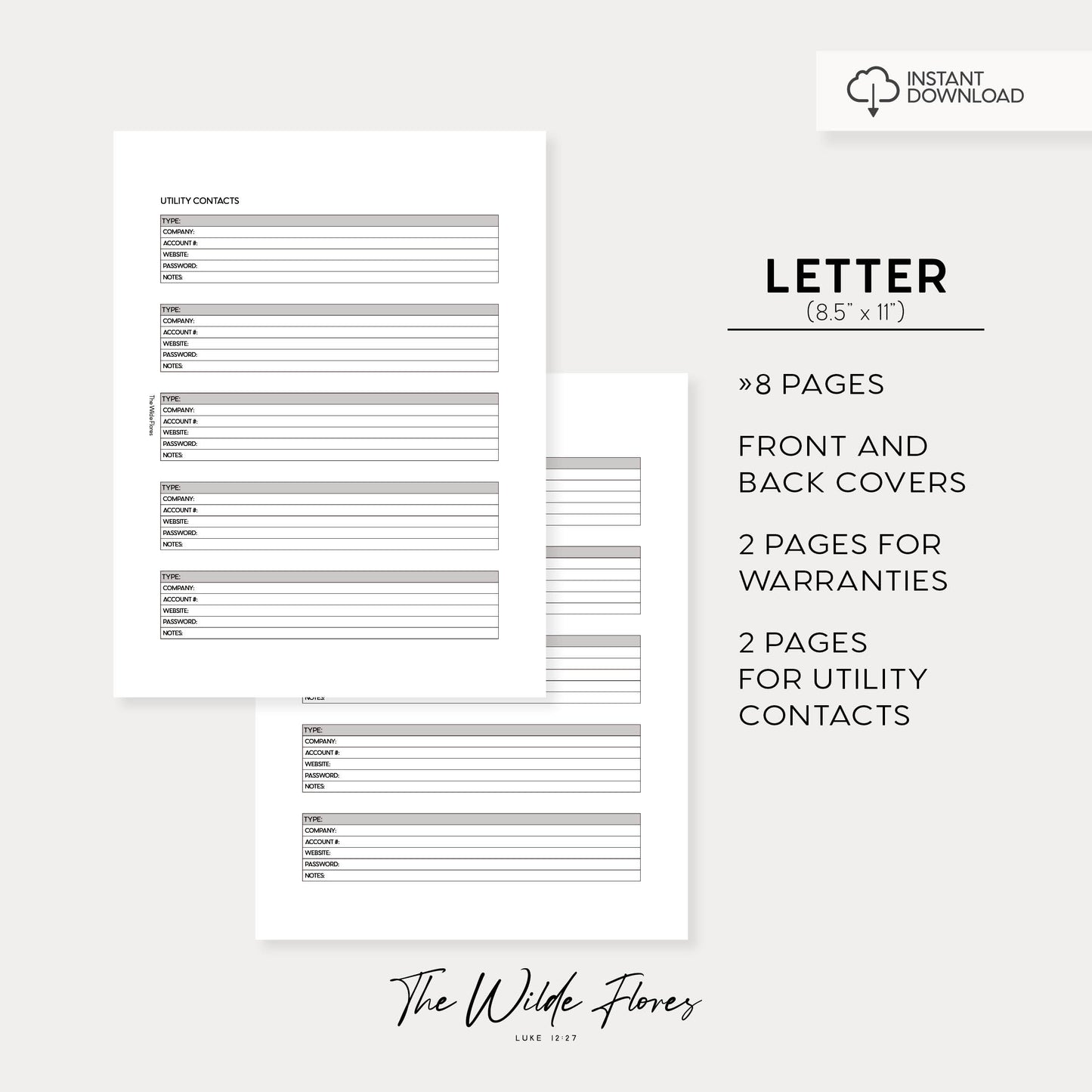 Warranties and Utilities Log: Letter Size Printable