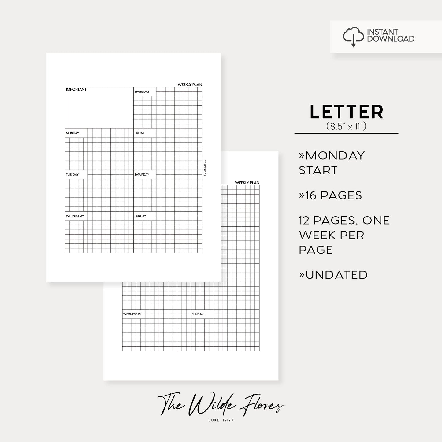 Weekly Overview Undated 12 Weeks: GRID Letter Size Printable