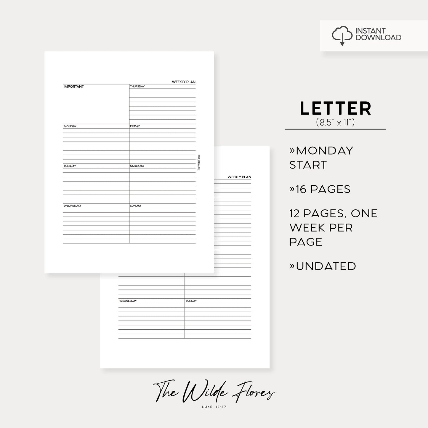 Weekly Overview Undated 12 Weeks: LINED Letter Size Printable