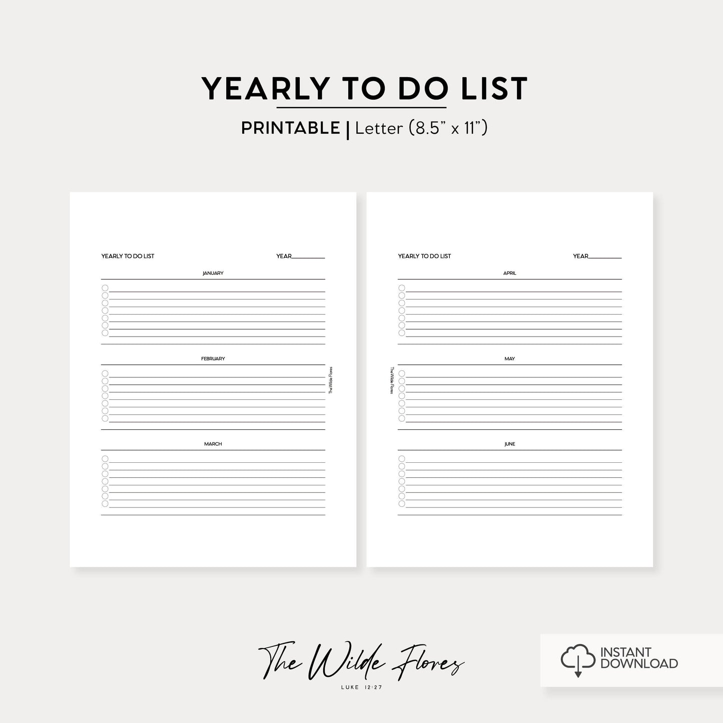 Yearly To Do List: Letter Size Printable