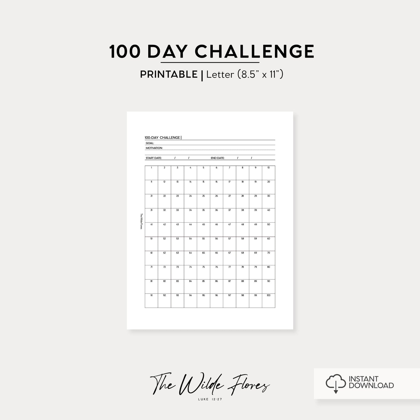 100 Day Challenge: Letter Size Printable