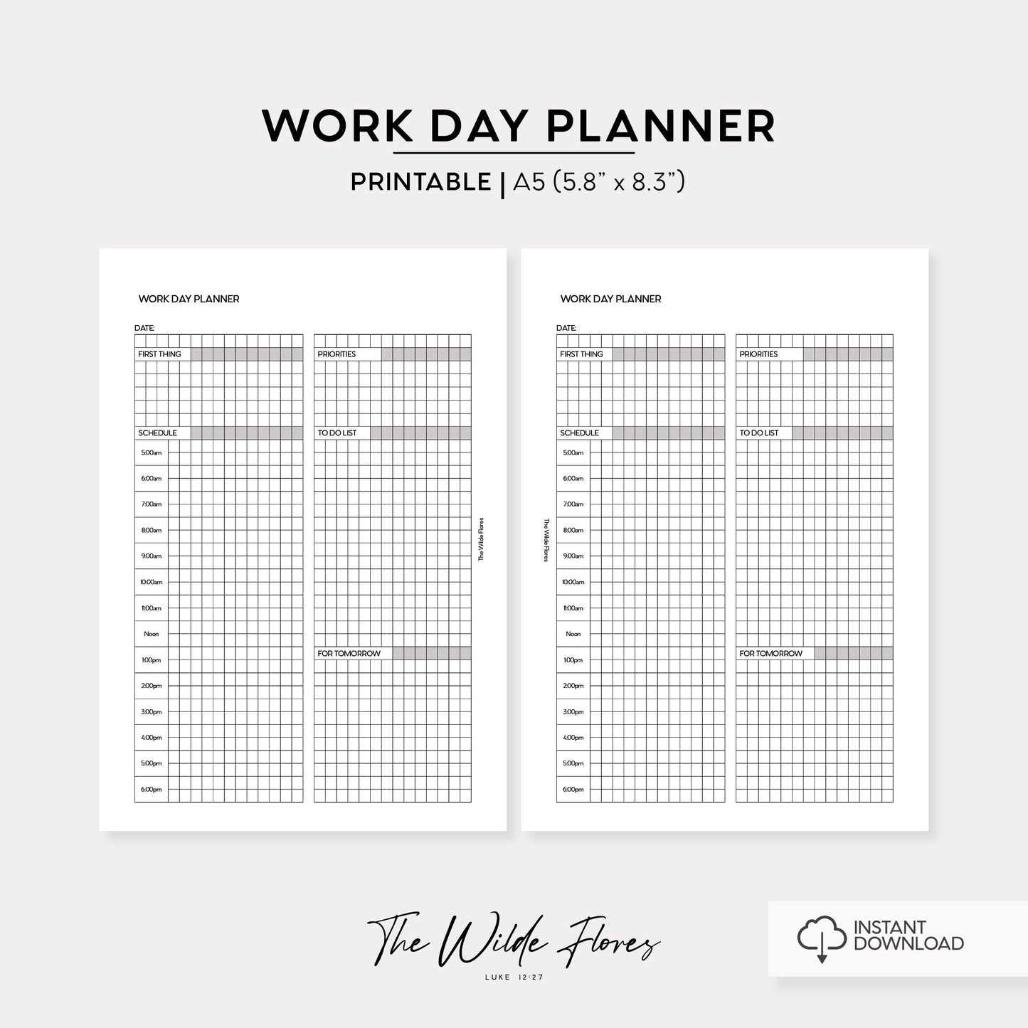 Work Day Planner: A5 Size Printable